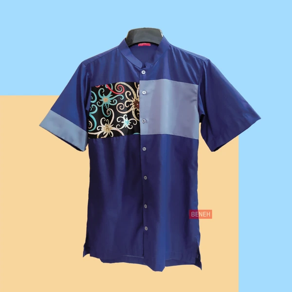 BENEH KEMEJA KOKO BATIK KALTIM LENGAN PENDEK SIZE S BIRU NAVY