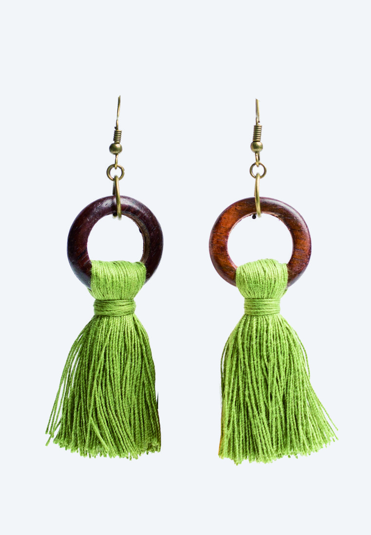 Green Tassel Wooden Ring Earrings