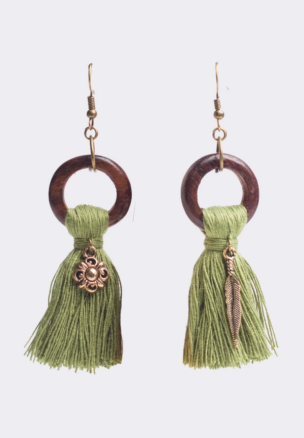 Green Tassel Wooden Ring Earrings