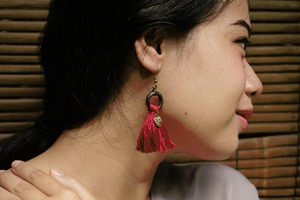 Red Tassel Wooden Ring Earrings