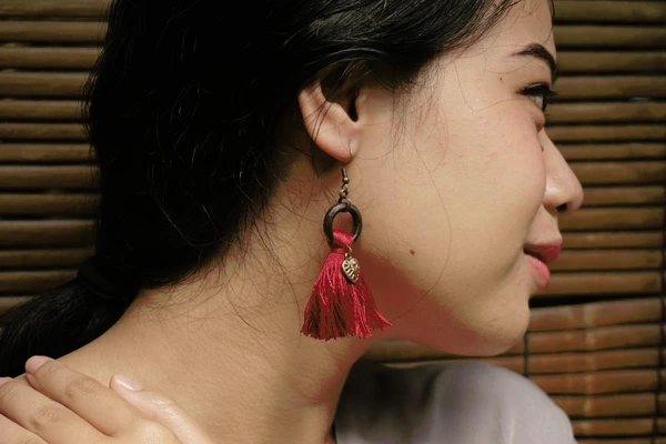 Red Tassel Wooden Ring Earrings