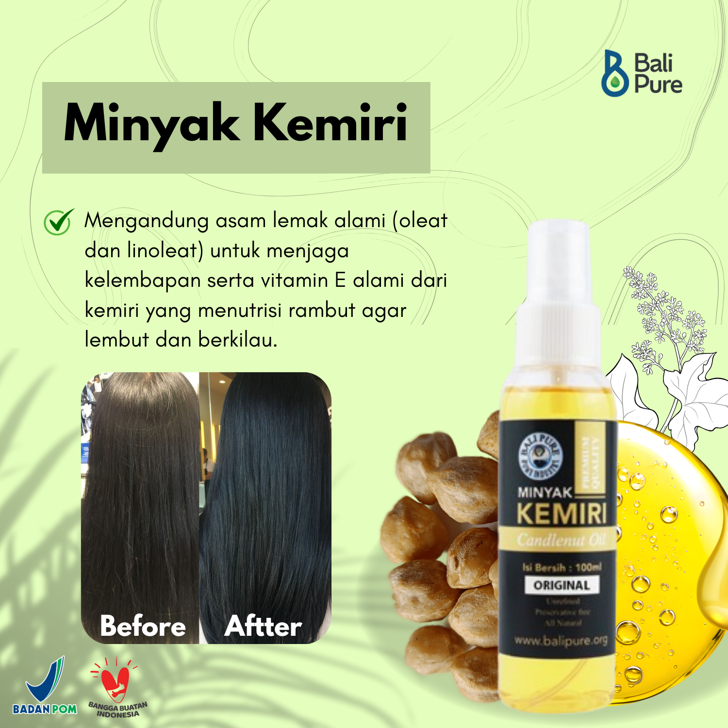 Bali Pure Home Industry - Minyak Kemiri Alami Murni Asli Penyubur Rambut Atasi Kebotakan dan Rambut Rontok 100ml