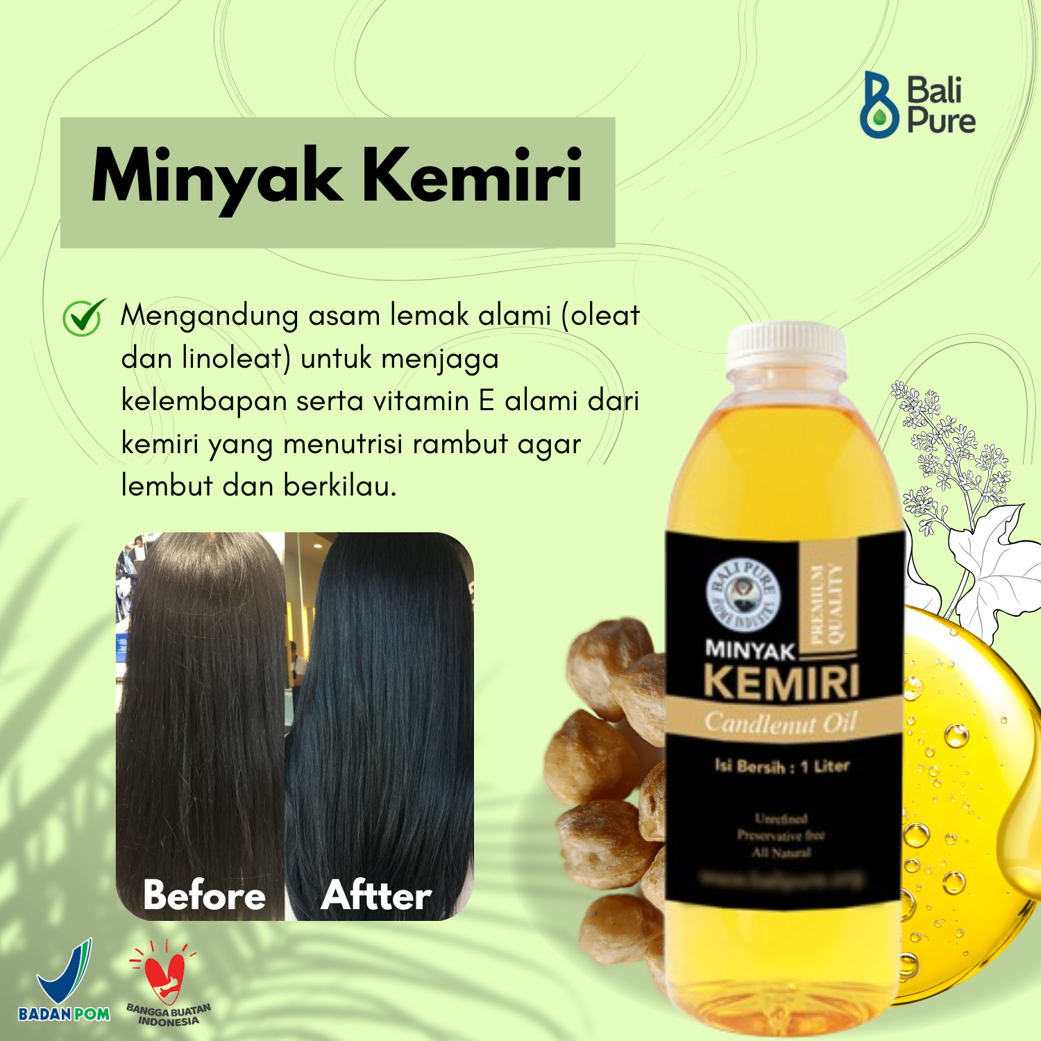 Bali Pure Home Industry - Minyak Kemiri Penumbuh Rambut kurangi kebotakan 1 liter