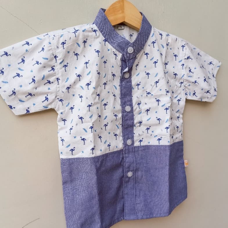 Kemeja Anak Katun Kombinasi Motif Blue Stork