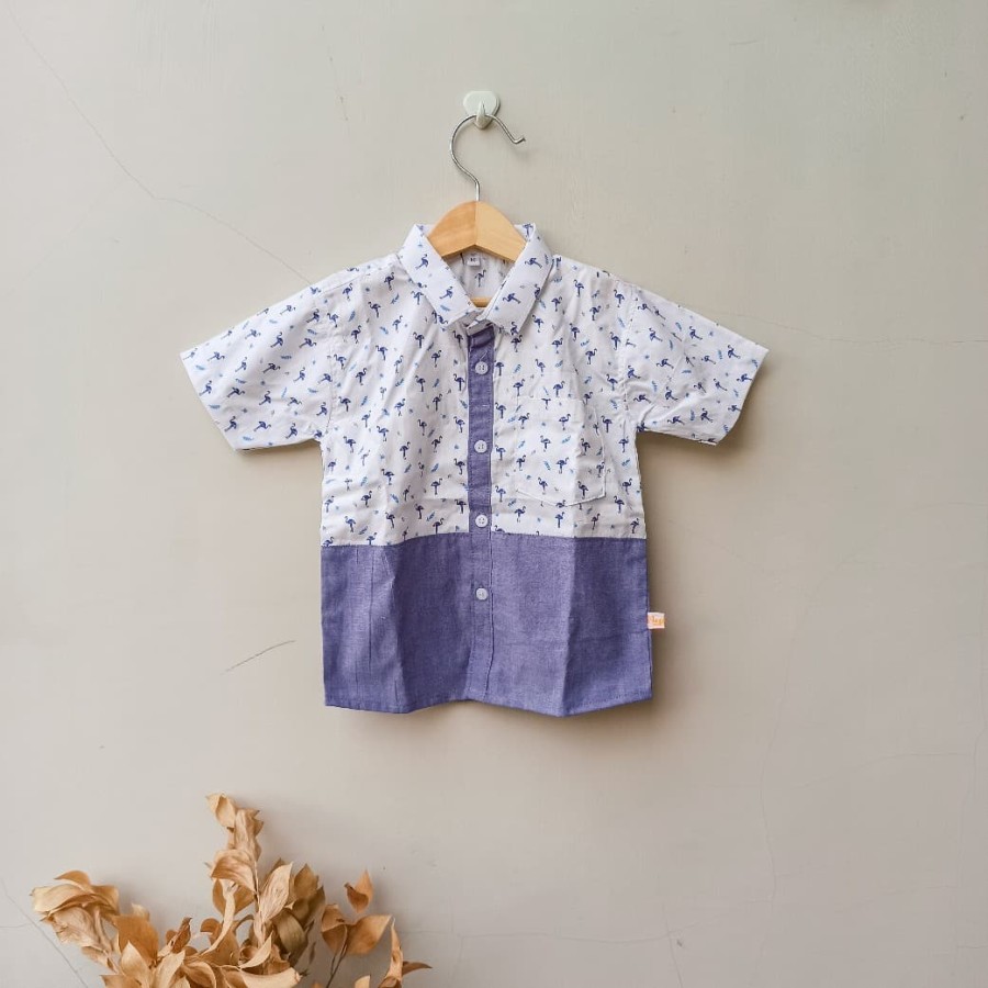 Kemeja Anak Katun Kombinasi Motif Blue Stork