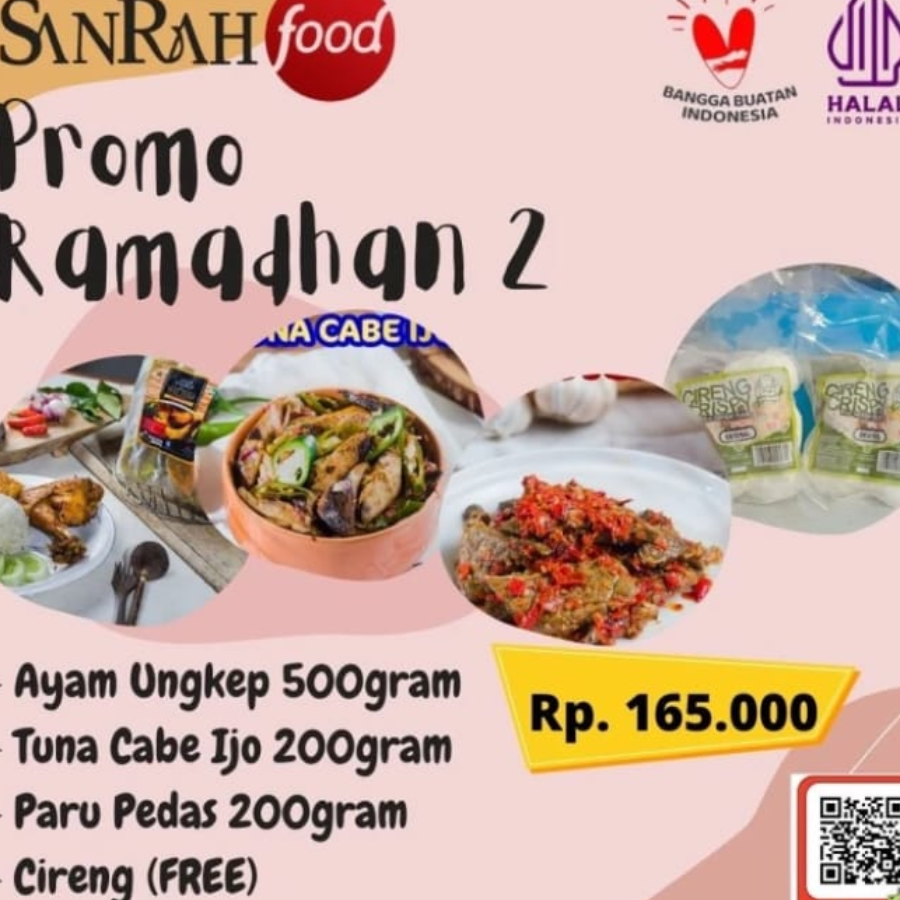 Paket 2 Sanrah Food Ayam ungkep, Tuna Cabe Ijo, Paru Pedas, Cireng