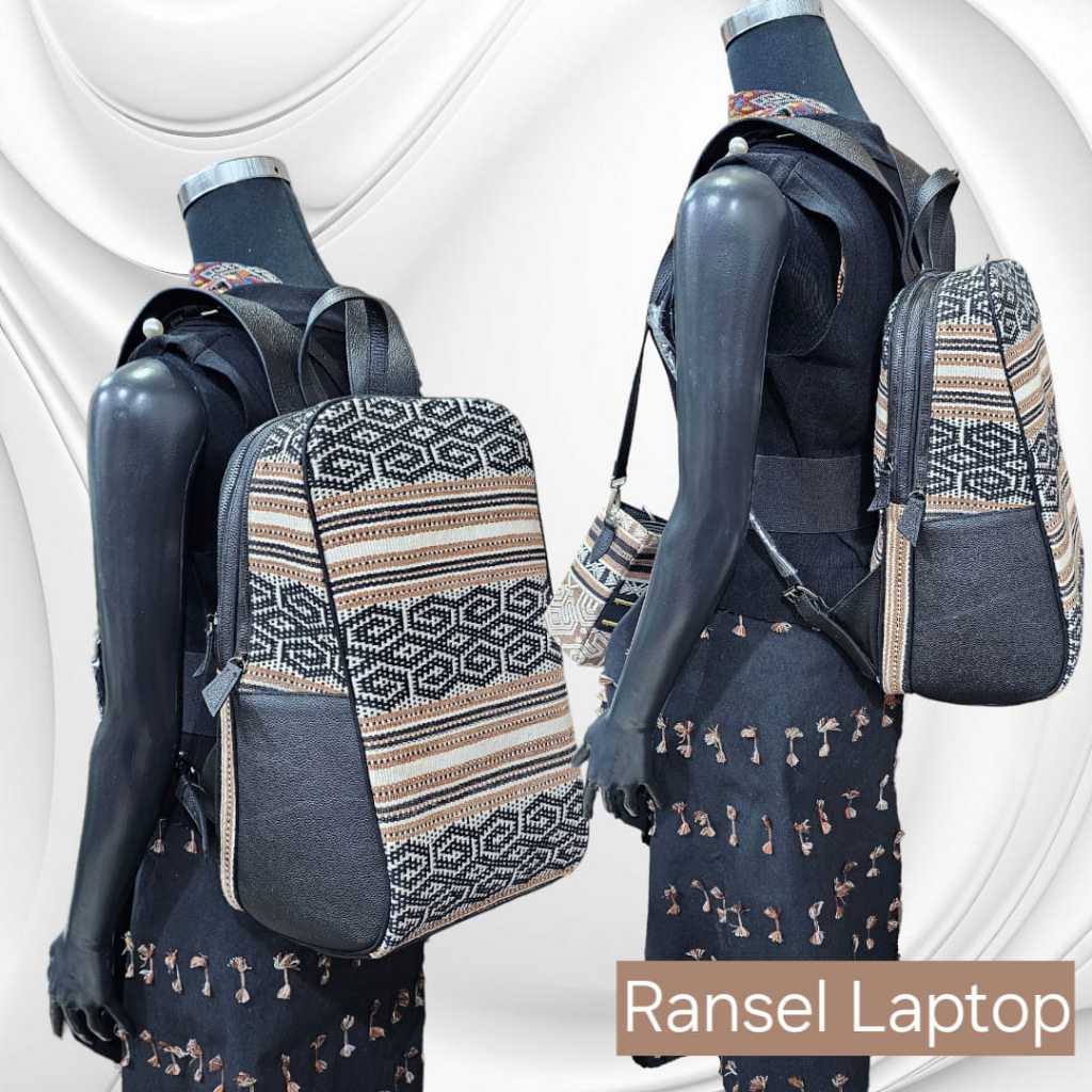 RANSEL DOUBLE ZIP Tenun Tangan NTT mix Kulit Sapi Asli