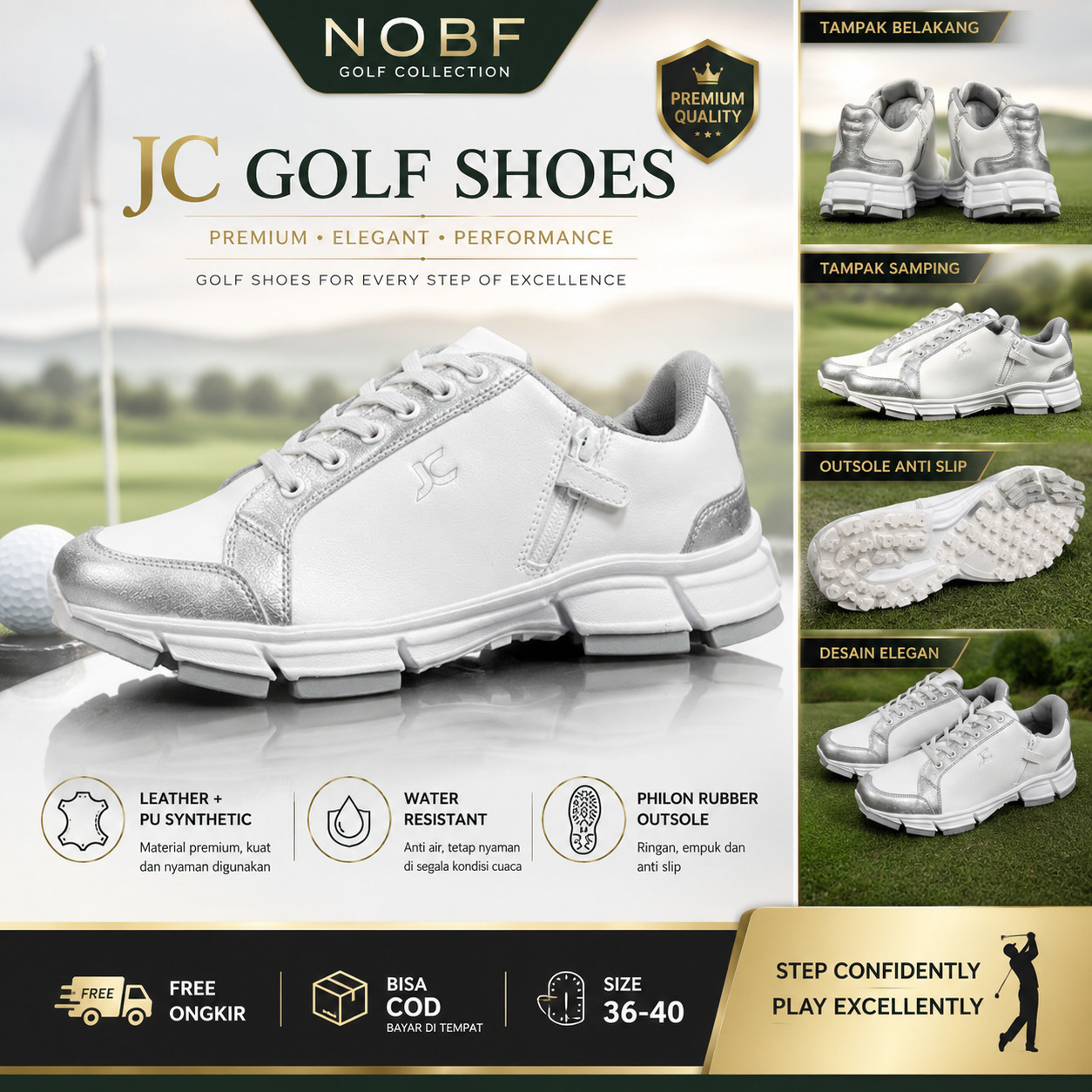 Sepatu Golf Hybrid JC Journey of Challenge - Spikeless Casual Sneakers - Zipper dan Lace - 100% Sepatu Kulit