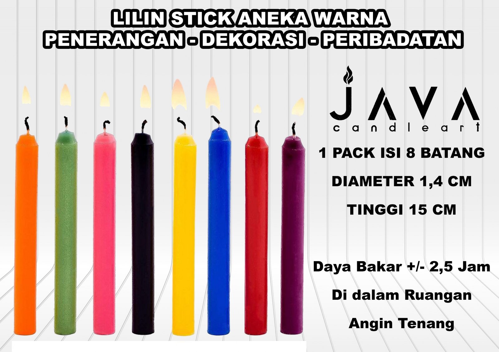 LILIN PENERANGAN & DEKORASI ANEKA WARNA (1,4 Cm x 15 CM) ISI 8 BTG