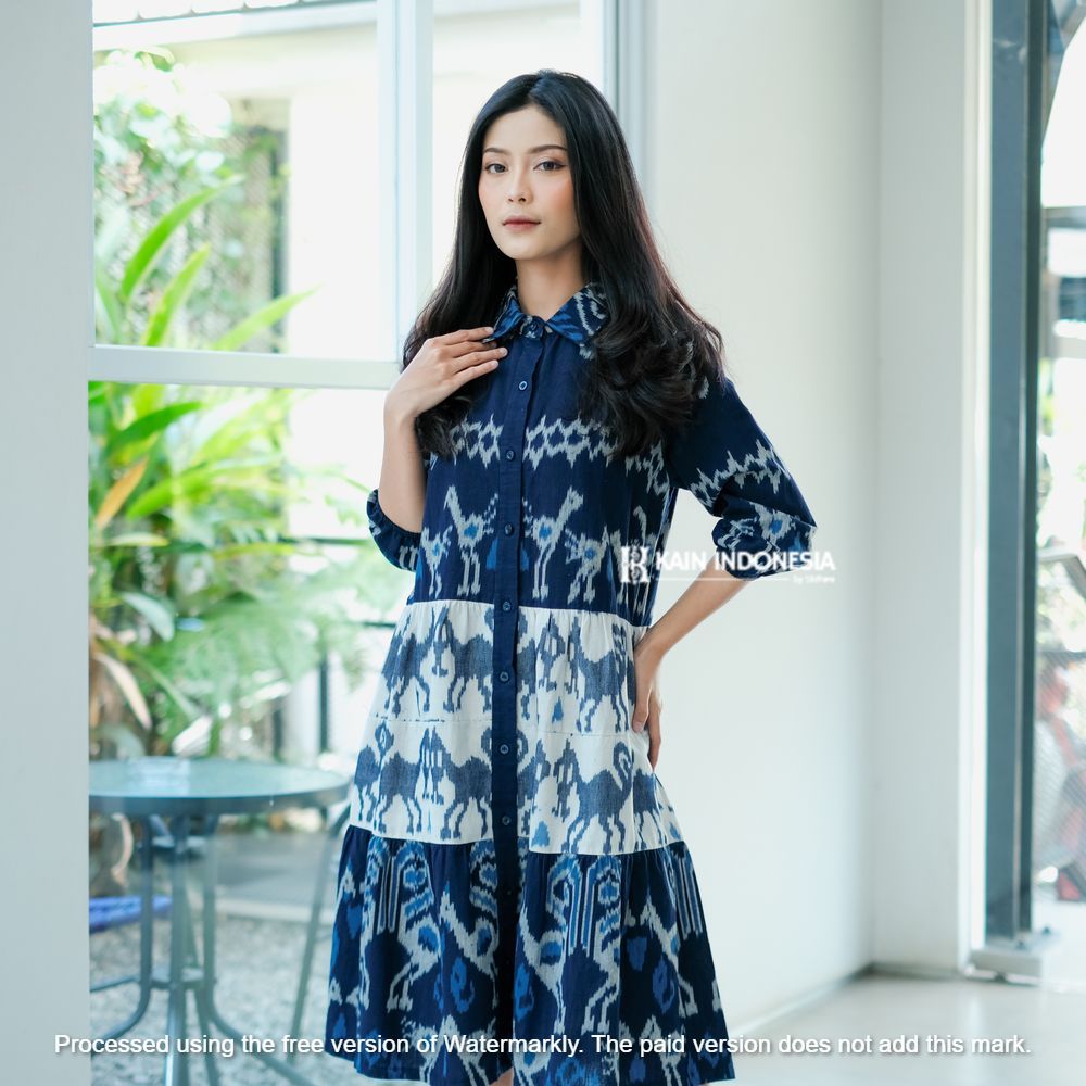 Dress Kanaya Tenun Jepara Ruchi Biru Dress Ruffle Mewah