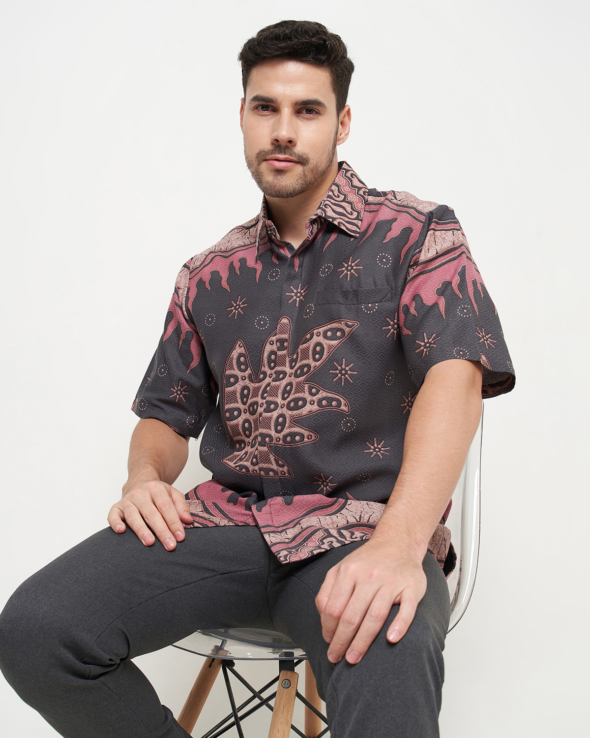 MIERTO - Kemeja Batik Pria Modern Lengan Panjang Lengan Pendek KM15