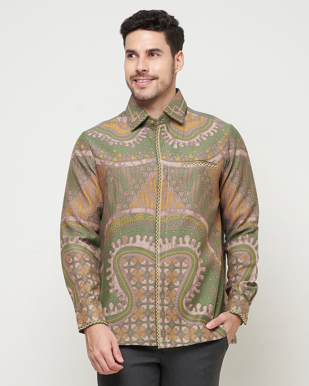 MIERTO - Kemeja Batik Pria Modern Lengan Panjang KP08