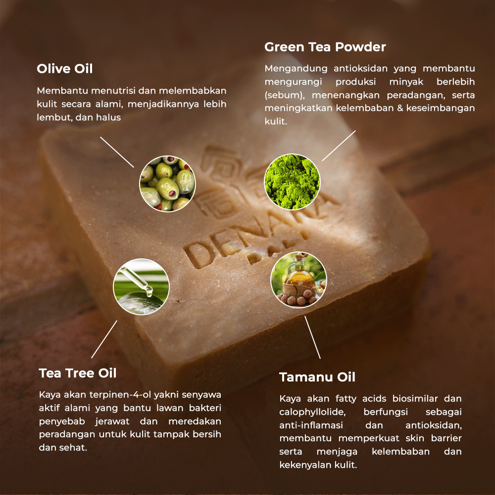 Denara Bali Tea Tree & Tamanu Soap 110gr | Sabun Alami Merawat Kulit Berjerawat & Mengontrol Minyak
