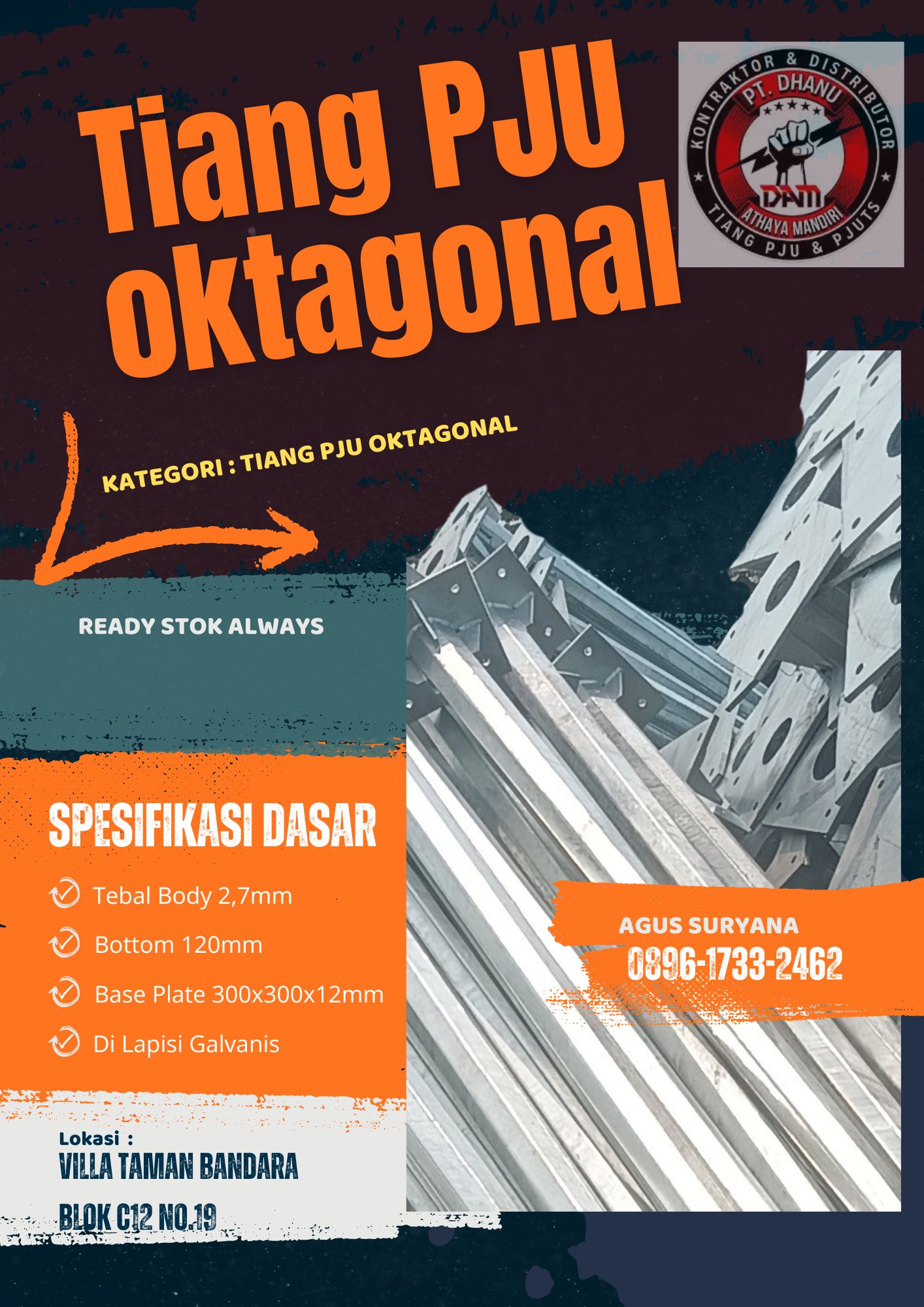 Tiang PJU Oktagonal Single Parabole 5 meter