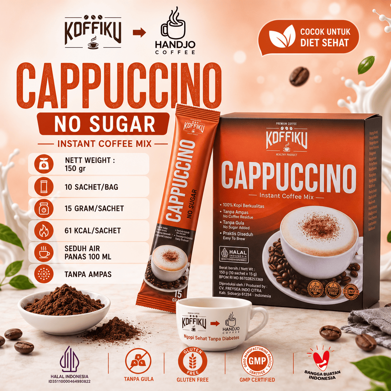 CAPPUCCINO No Sugar 150 gram / CAPPUCCINO Kopimix Tanpa Gula / Minuman Serbuk Kopi Susu (CAPPUCCINO)