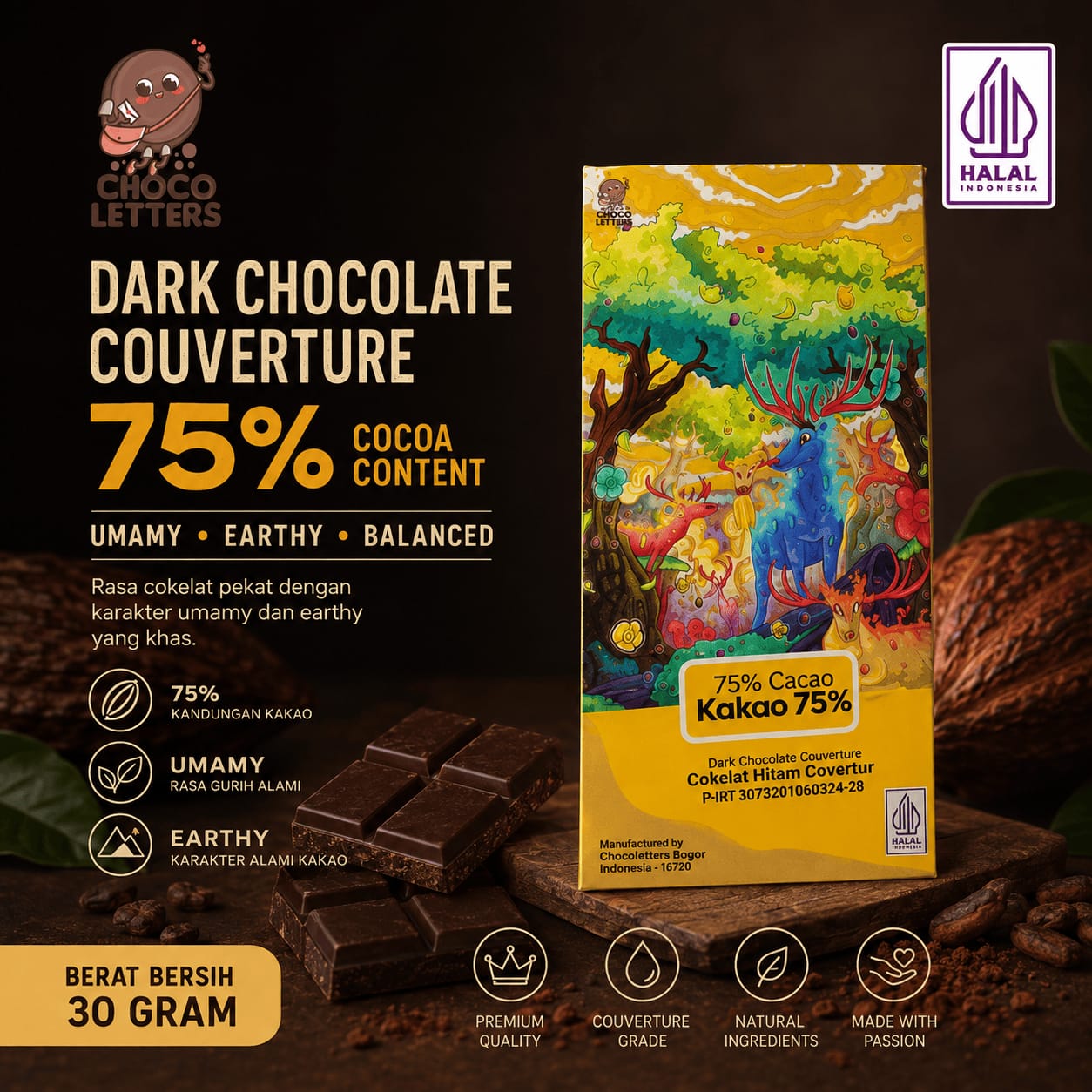 Chocolate Bar Couverture 75% Dark Chocolate Premium Cokelat Batangan 30 gram - Chocoletters