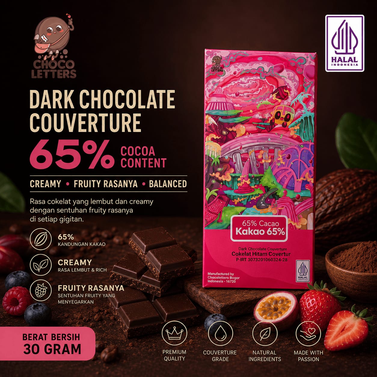 Chocoletters Chocolate Bar Couverture 65% Dark Chocolate Premium Cokelat Batangan 30 gram