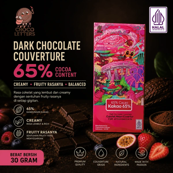 Chocoletters Chocolate Bar Couverture 65% Dark Chocolate Premium Cokelat Batangan 30 gram