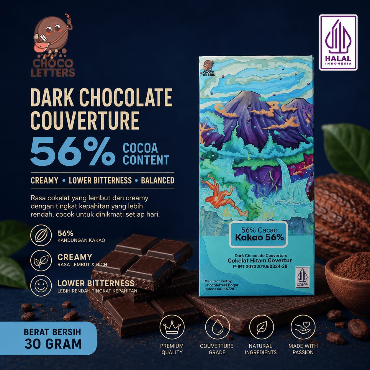 Choco Letters Dark Chocolate Couverture 56% Cacao Kakao 30 Gram Halal
