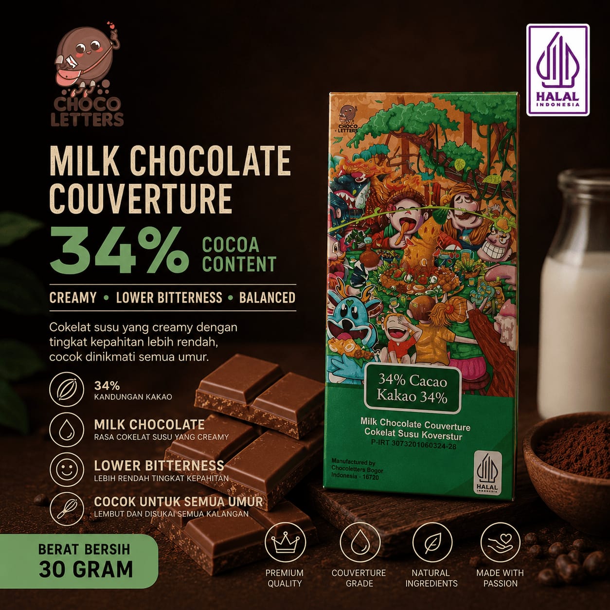 CHOCO LETTERS Milk Chocolate Couverture 34% Cocoa Content Cokelat Susu 30 Gram Halal