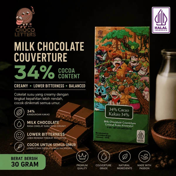 CHOCO LETTERS Milk Chocolate Couverture 34% Cocoa Content Cokelat Susu 30 Gram Halal