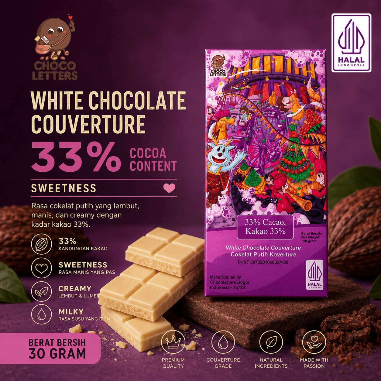 Chocoletters Chocolate Bar Couverture 33% White Chocolate Premium Cokelat Batangan