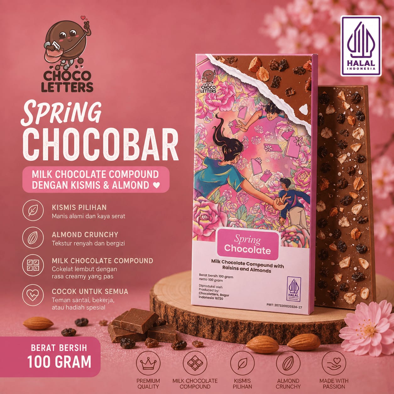 Chocoletters Chocolate Bar Milk Chocolate Almond Raisin Premium Cokelat Susu Kacang Almond Kismis