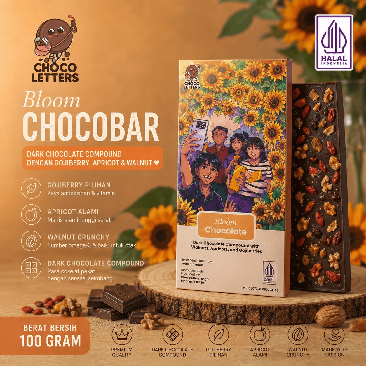 Chocoletters Chocobar Dark Chocolate Gojiberry Apricot Walnut Cokelat Hitam Buah Kering Kacang Walnut