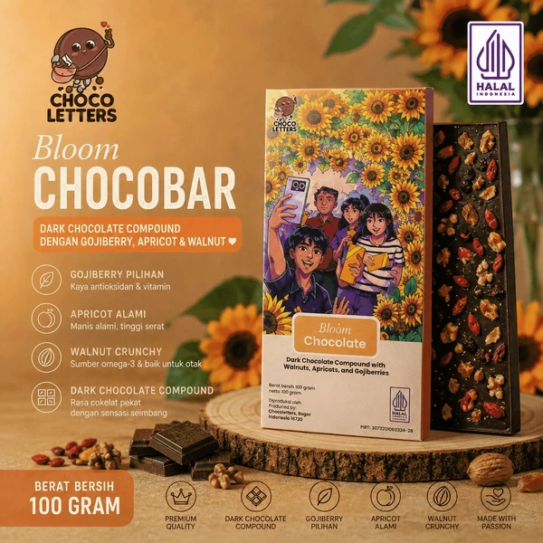 Chocoletters Chocobar Dark Chocolate Gojiberry Apricot Walnut Cokelat Hitam Buah Kering Kacang Walnut