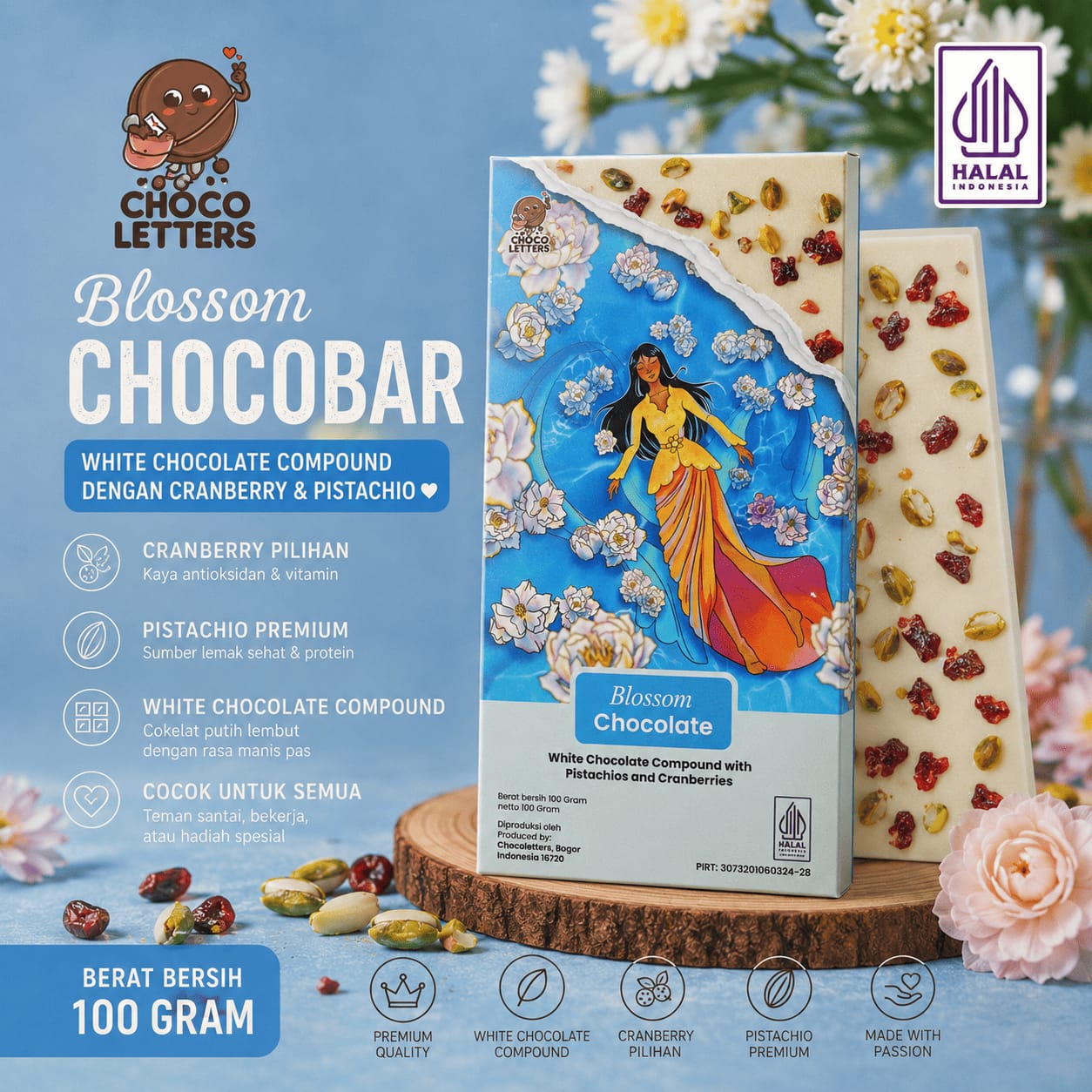 Chocoletters Chocobar White Chocolate Cranberry Pistachio Cokelat Putih Premium