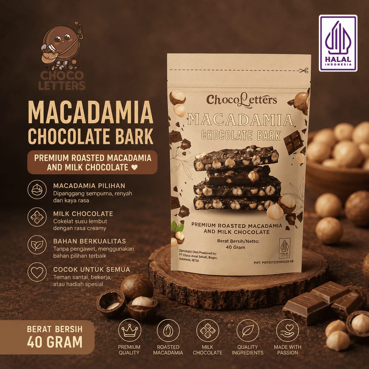 Chocoletters Macadamia Chocolate Bark Dark Chocolate Premium Cokelat Macadamia