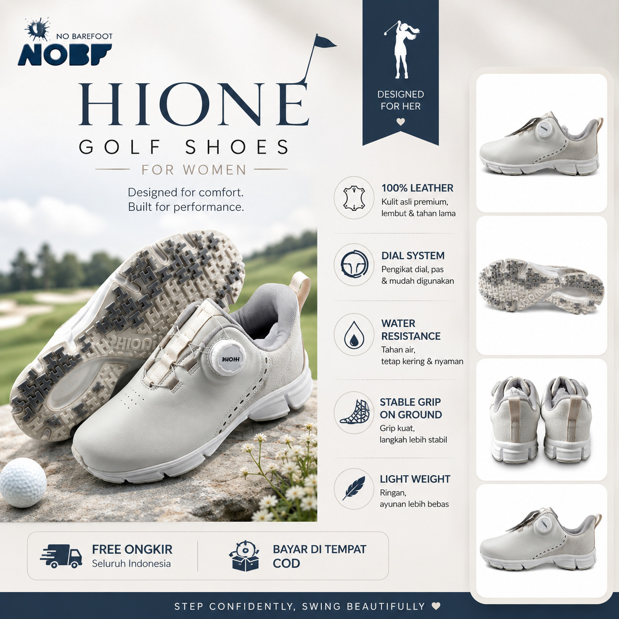 Sepatu Golf Hione W243D Silver/White – Full Kulit Asli, Empuk & Stylish