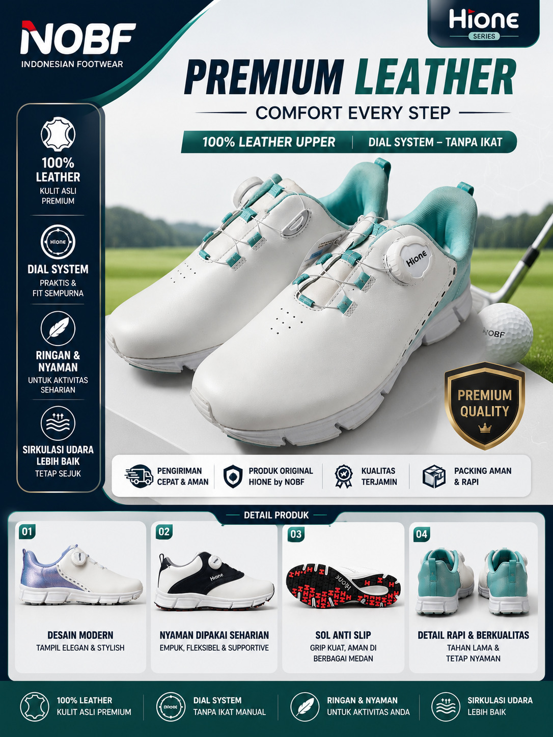 Sepatu Golf Hione W241D Turquoise/White – Full Kulit Asli, Empuk & Stylish