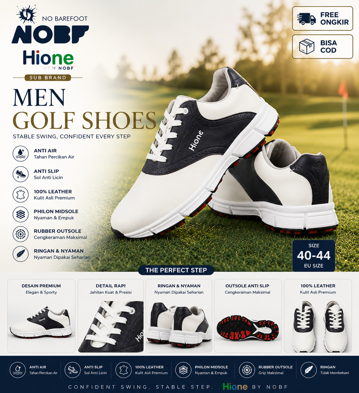 Sepatu Golf Hione M242 Navy/White – Full Kulit Asli, Empuk & Stylish