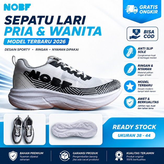 Sepatu Lari NOBF R004 Original White – Ringan, Empuk, Breathable ,Anti Slip