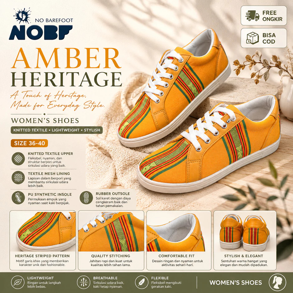 Sepatu Wanita Amber Heritage – Orange Motif | Knitted Textile Breathable | Ringan & Stylish