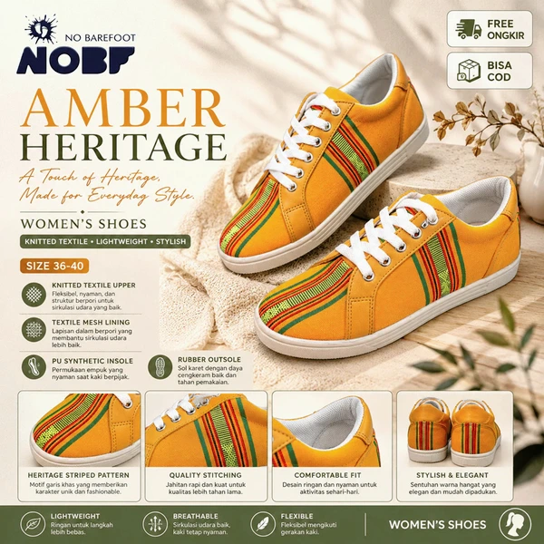 Sepatu Wanita Amber Heritage – Orange Motif | Knitted Textile Breathable | Ringan & Stylish