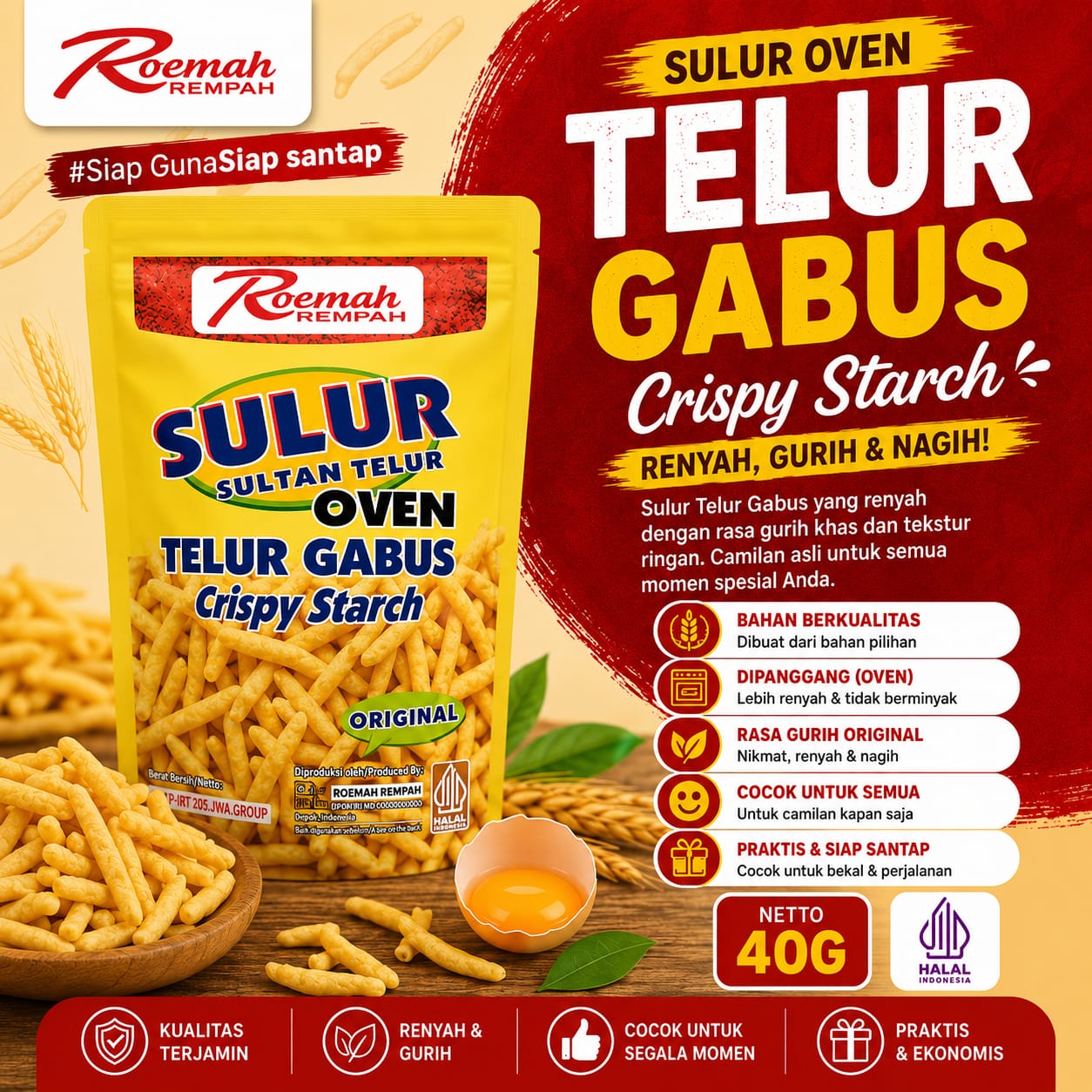 Roemah Rempah Sulur Telur Gabus Oven 40 Gram | Snack Gurih Renyah Halal