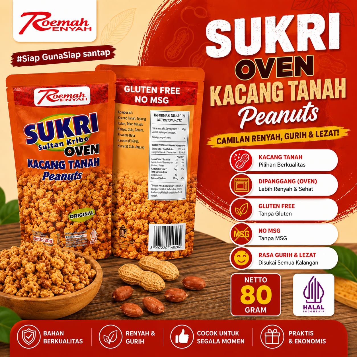 Roemah Rempah Sukri Kacang Tanah Oven 80 Gram | Kacang Oven Crispy Snack Sehat
