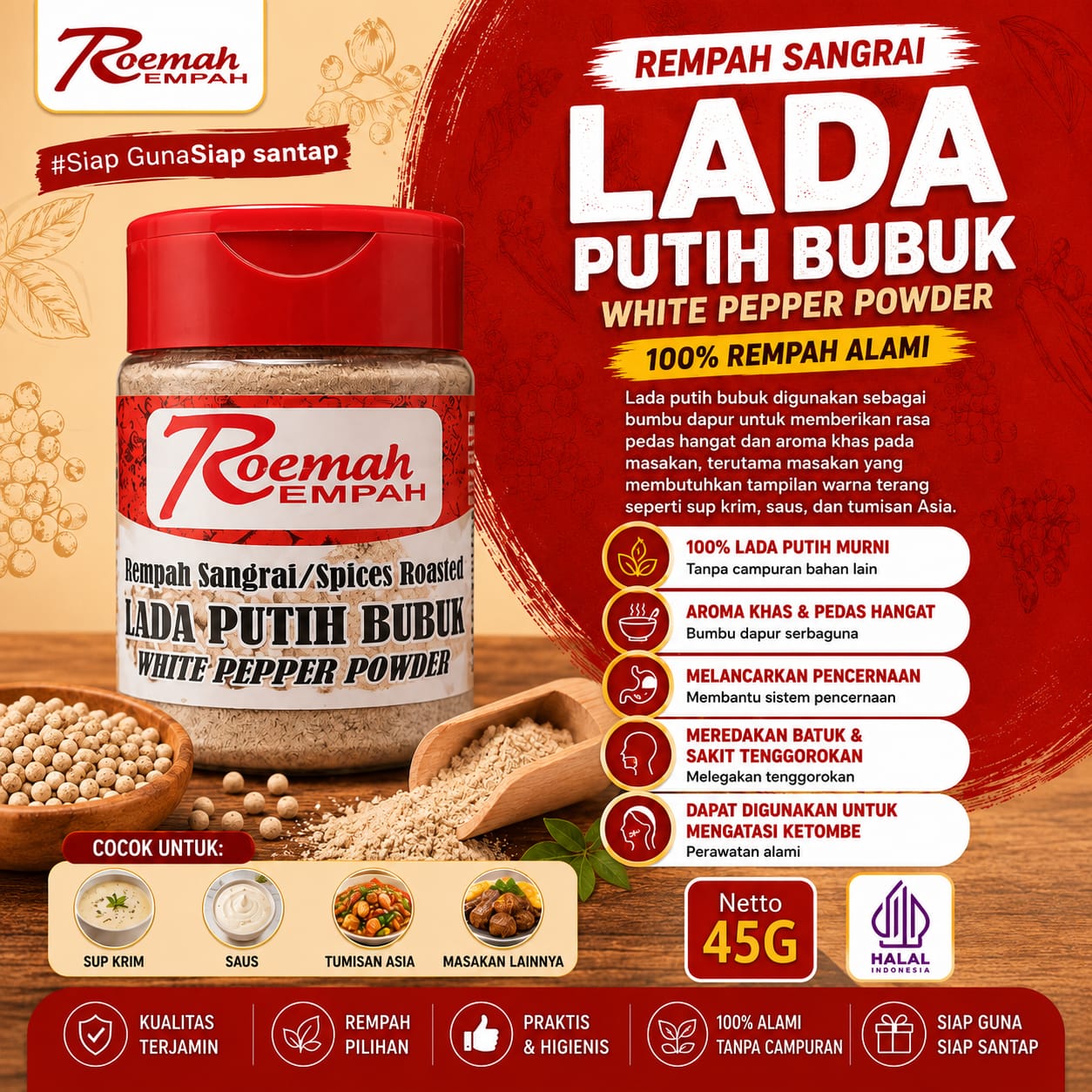 Roemah Rempah Lada Putih Bubuk White Pepper 45 Gram | Merica Bubuk Premium 100% Murni