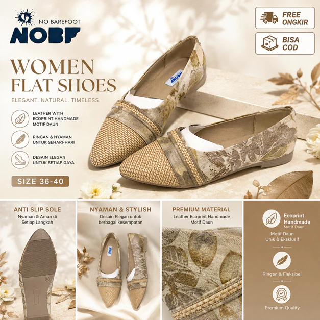Sepatu Flat Wanita Motif Daun Alami Handmade – Natural Dye (Ecoprint)