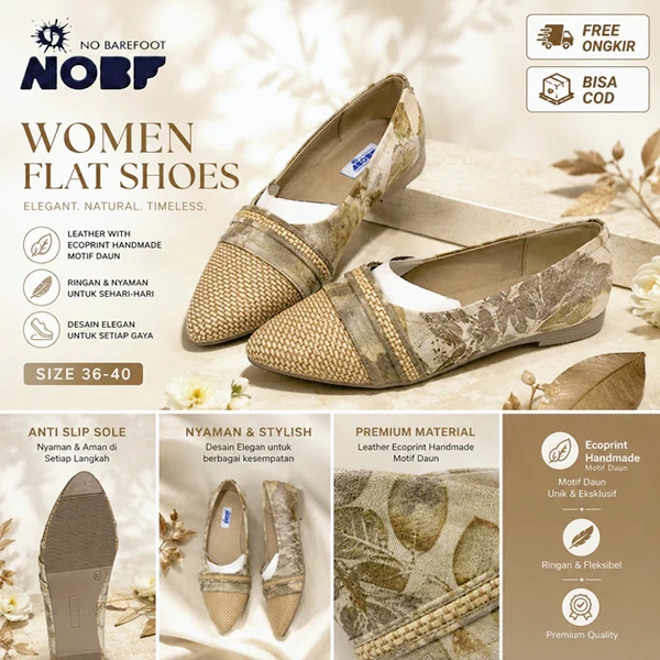 Sepatu Flat Wanita Motif Daun Alami Handmade – Natural Dye (Ecoprint)