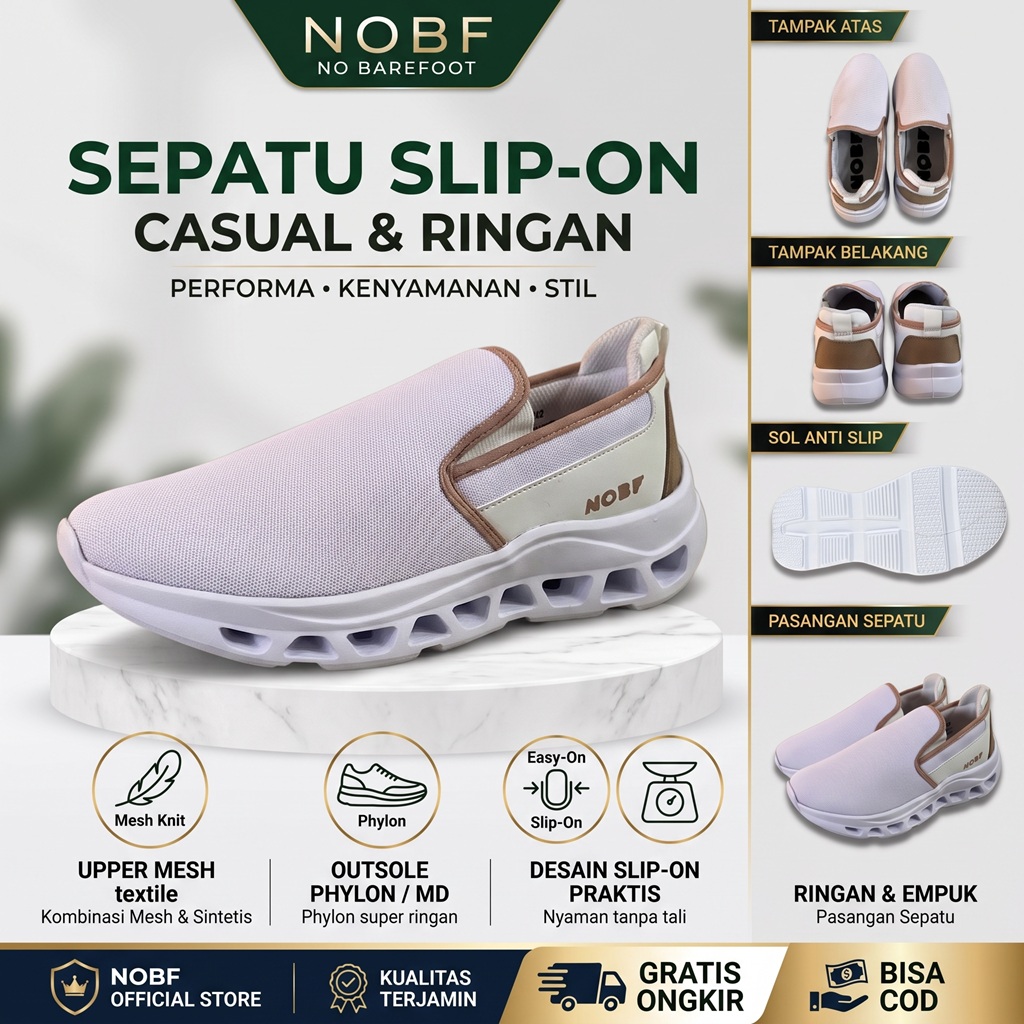 NOBF Sepatu Wanita Slip On Sneakers Casual Ringan Nyaman Sporty Tanpa Tali