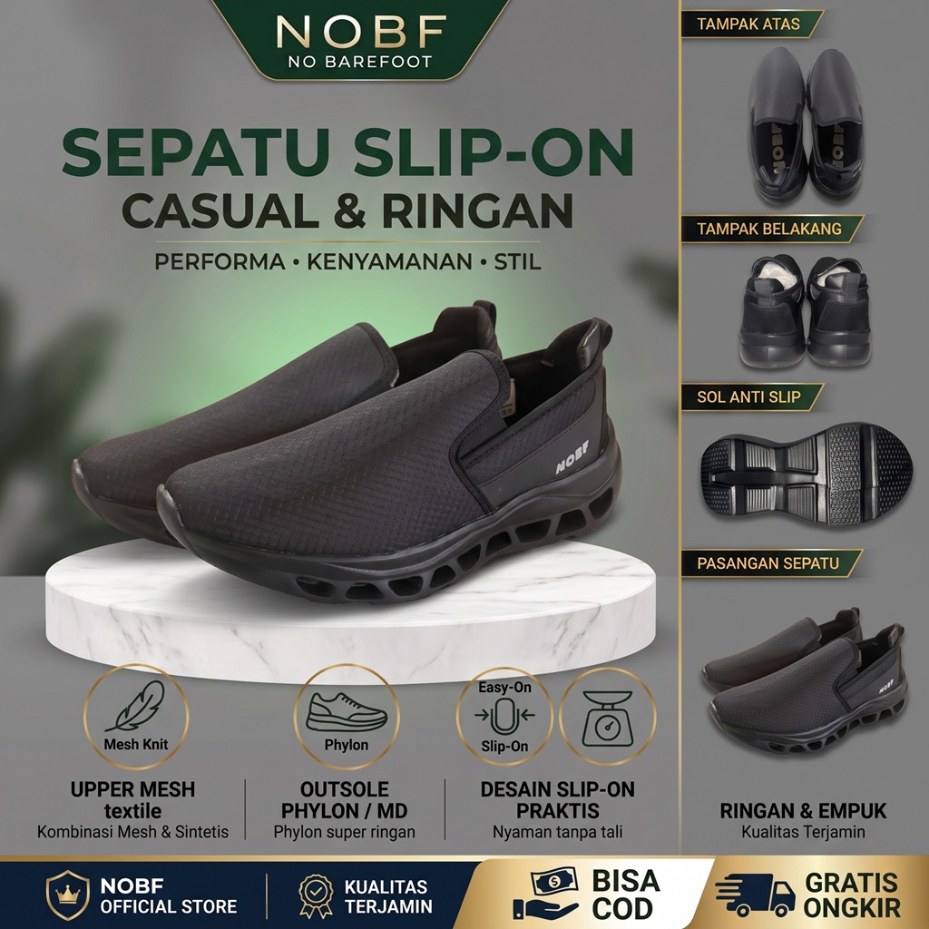 NOBF Sepatu Slip On Unisex Sneakers Casual Hitam Ringan Nyaman Tanpa Tali