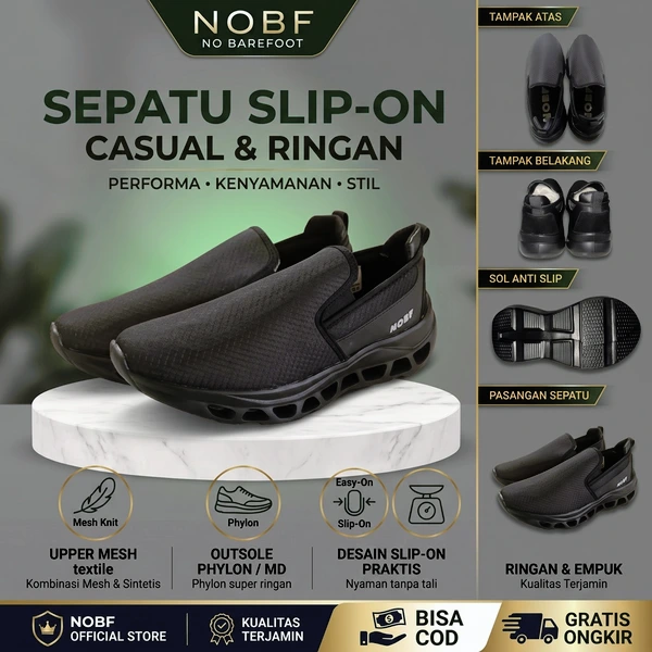 NOBF Sepatu Slip On Unisex Sneakers Casual Hitam Ringan Nyaman Tanpa Tali