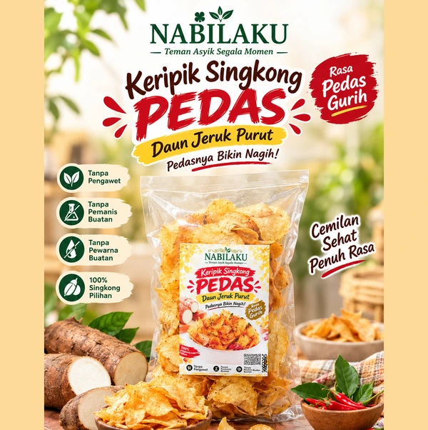 Keripik Singkong Pedas Daun Jeruk Purut 150g – Renyah, Gurih, Pedas & Bikin Nagih | Nabila Food