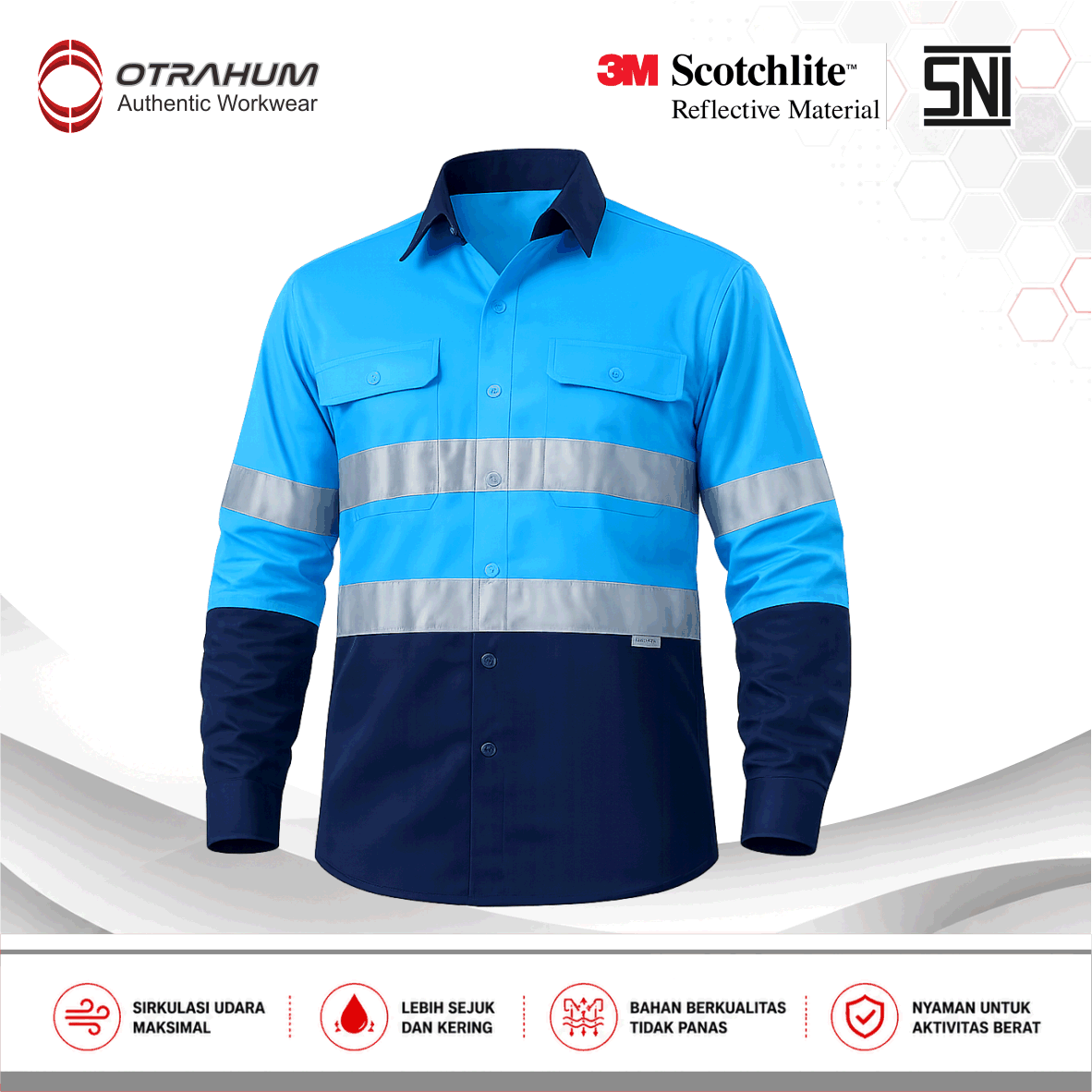 OTRAHUM ( Ber-SNI ) Baju Kemeja Seragam Wearpack Kerja Workwear Safety Lapangan Proyek K3 Reflective Scothlite Scotlite Untuk Pekerja Teknisi Operator Engineer Mining Tambang Navy Kuning Orange Merah Biru Turkis