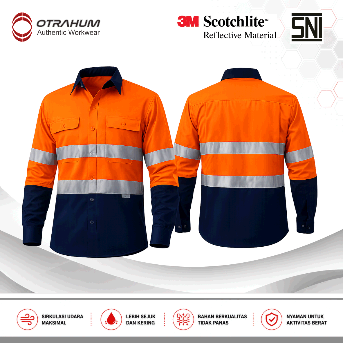 OTRAHUM ( Ber-SNI ) Baju Kemeja Seragam Wearpack Kerja Workwear Safety Lapangan Proyek K3 Reflective Scothlite Scotlite Untuk Pekerja Teknisi Operator Engineer Mining Tambang Navy Kuning Orange Merah Biru Turkis