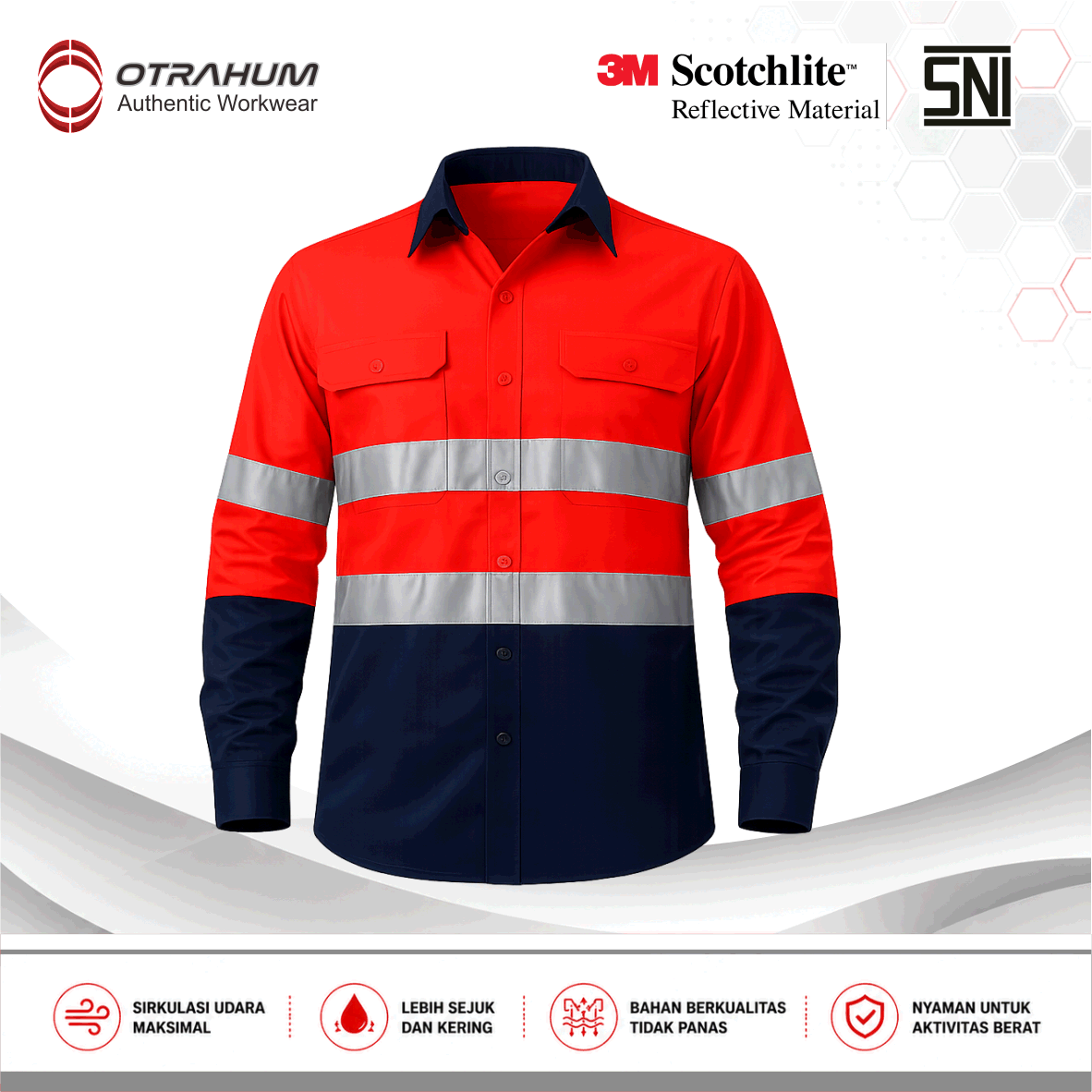 OTRAHUM ( Ber-SNI ) Baju Kemeja Seragam Wearpack Kerja Workwear Safety Lapangan Proyek K3 Reflective Scothlite Scotlite Untuk Pekerja Teknisi Operator Engineer Mining Tambang Navy Kuning Orange Merah Biru Turkis