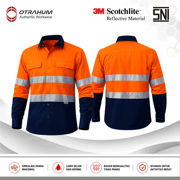 OTRAHUM ( Ber-SNI ) Baju Kemeja Seragam Wearpack Kerja Workwear Safety Lapangan Proyek K3 Reflective Scothlite Scotlite Untuk Pekerja Teknisi Operator Engineer Mining Tambang Navy Kuning Orange Merah Biru Turkis